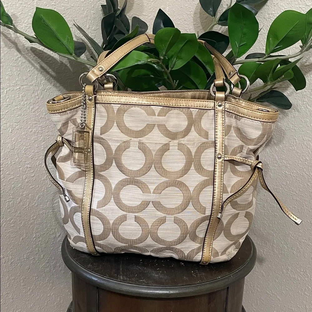 Coach Audrey OP Art Shantung Cinched Tote with gold leather trim